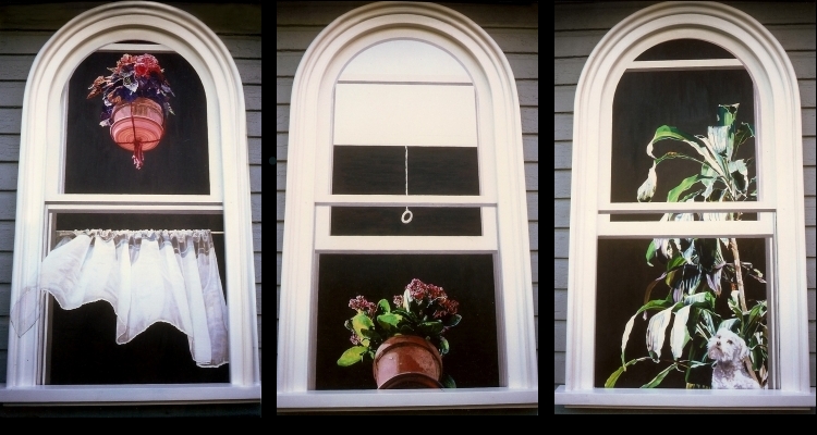 Three Windows, oil on wood panel in bent oak frame